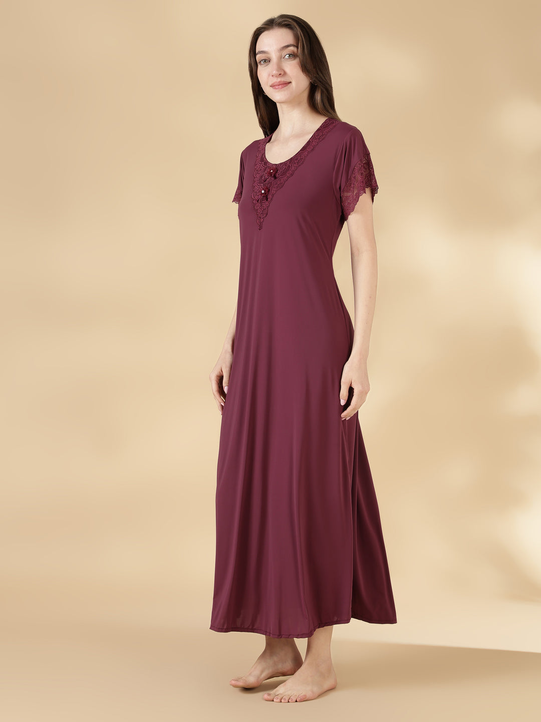 Malai Satin A Line Nighty for Women with Lace Neck Mauve