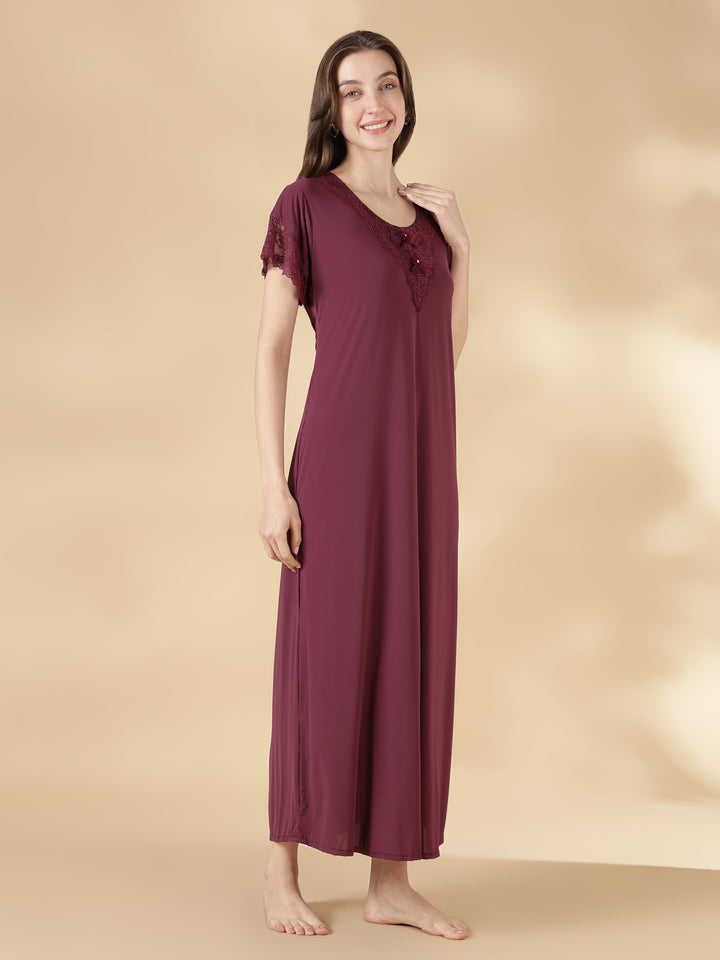 Malai Satin A Line Nighty for Women with Lace Neck Mauve
