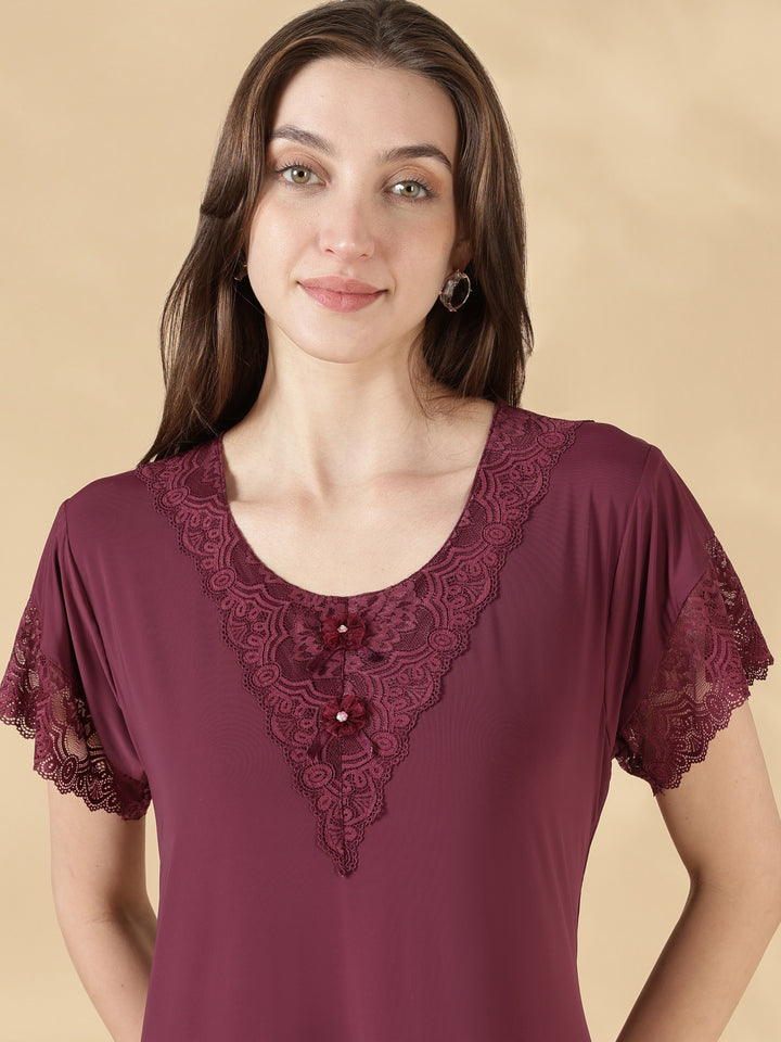 Malai Satin A Line Nighty for Women with Lace Neck Mauve