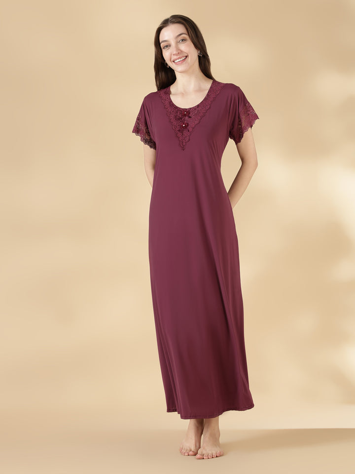Malai Satin A Line Nighty for Women with Lace Neck Mauve