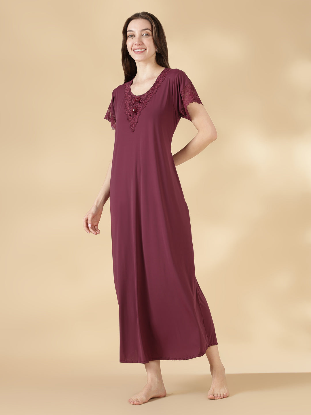 Malai Satin A Line Nighty for Women with Lace Neck Mauve