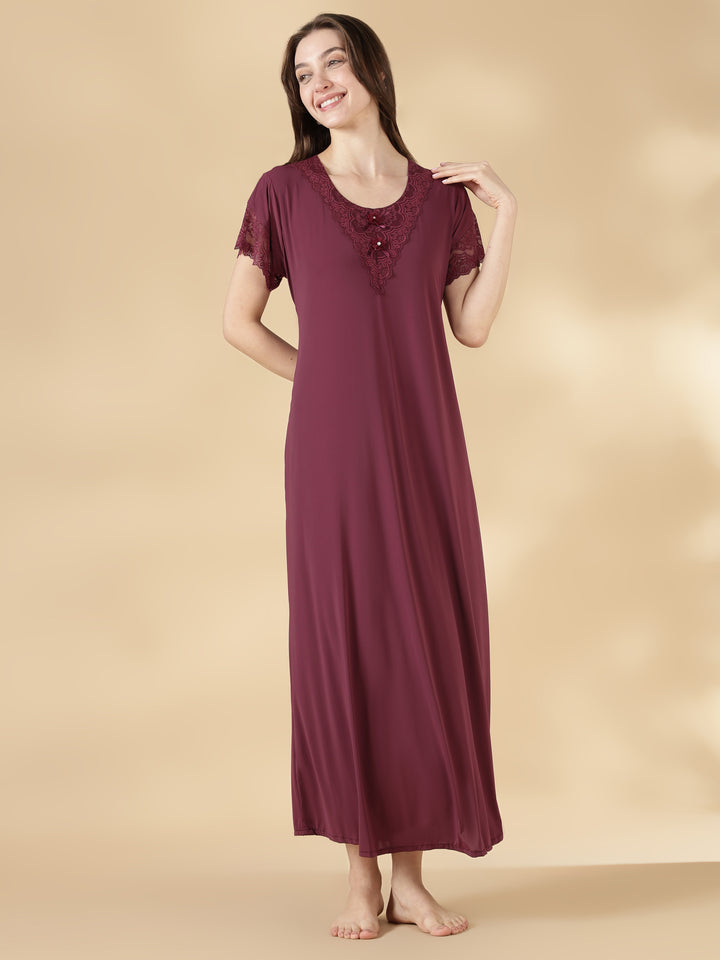 Malai Satin A Line Nighty for Women with Lace Neck Mauve