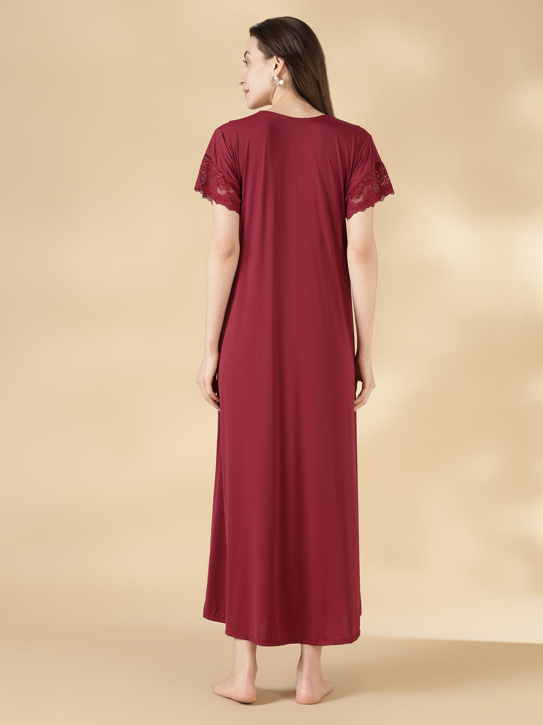 Malai Satin A Line Nighty for Women with Lace Neck Burgundy