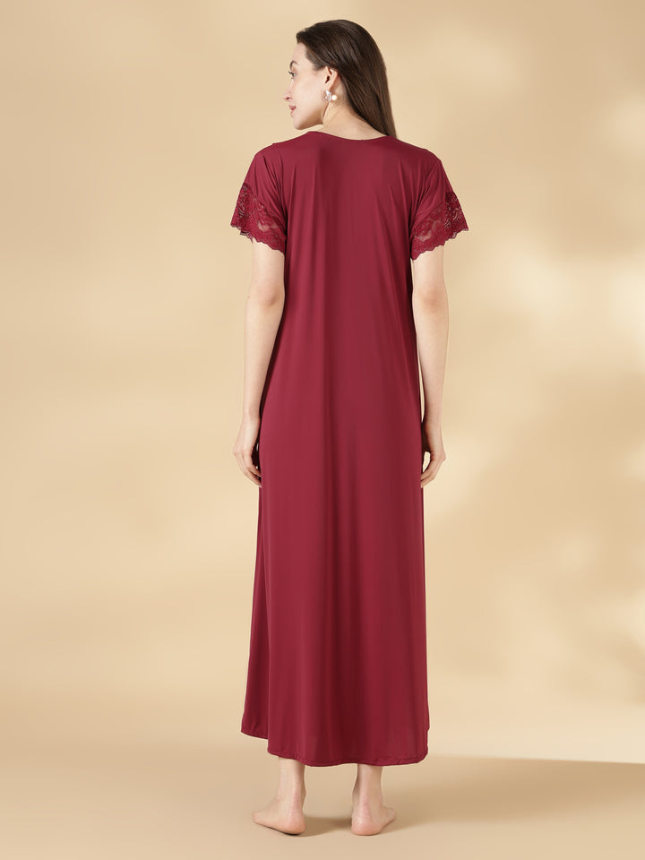 Malai Satin A Line Nighty for Women with Lace Neck Burgundy