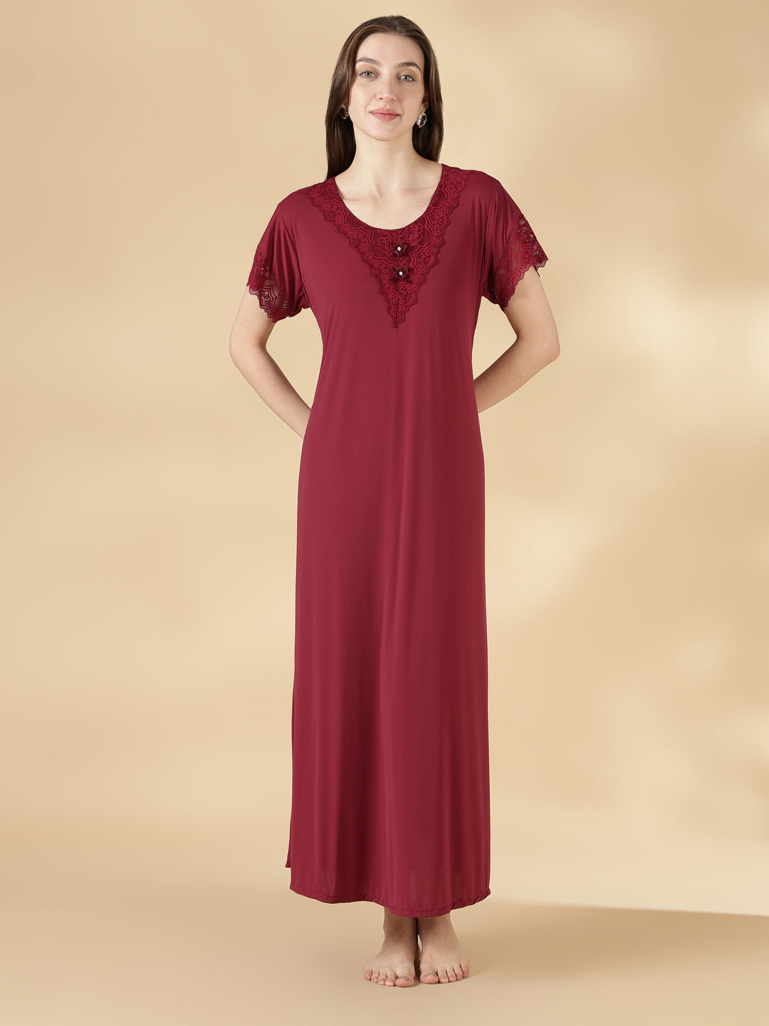 Malai Satin A Line Nighty for Women with Lace Neck Burgundy