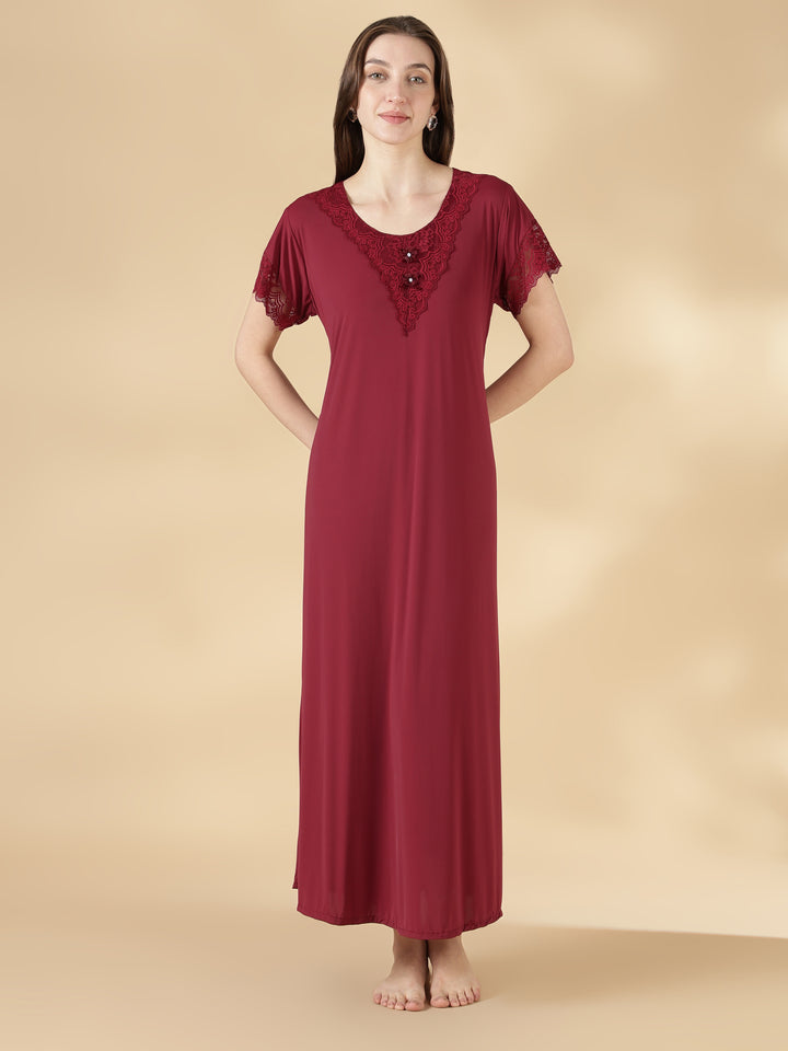 Malai Satin A Line Nighty for Women with Lace Neck Burgundy