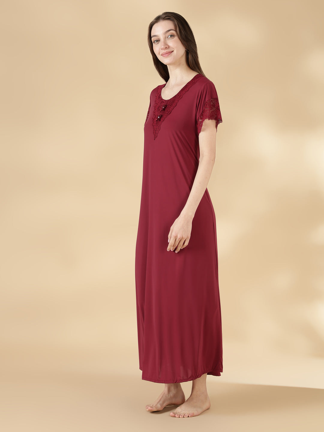 Malai Satin A Line Nighty for Women with Lace Neck Burgundy