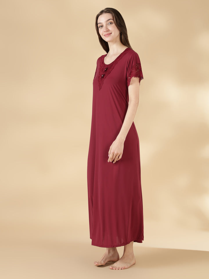 Malai Satin A Line Nighty for Women with Lace Neck Burgundy