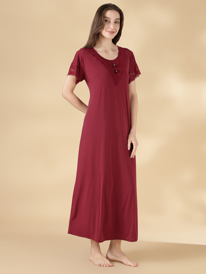 Malai Satin A Line Nighty for Women with Lace Neck Burgundy