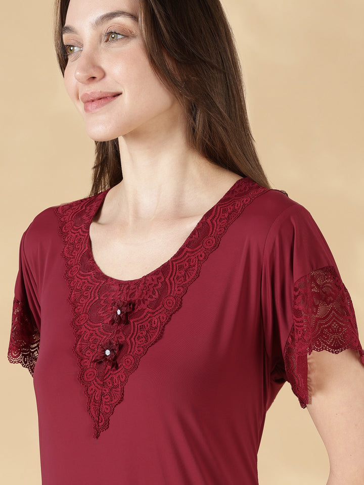 Malai Satin A Line Nighty for Women with Lace Neck Burgundy