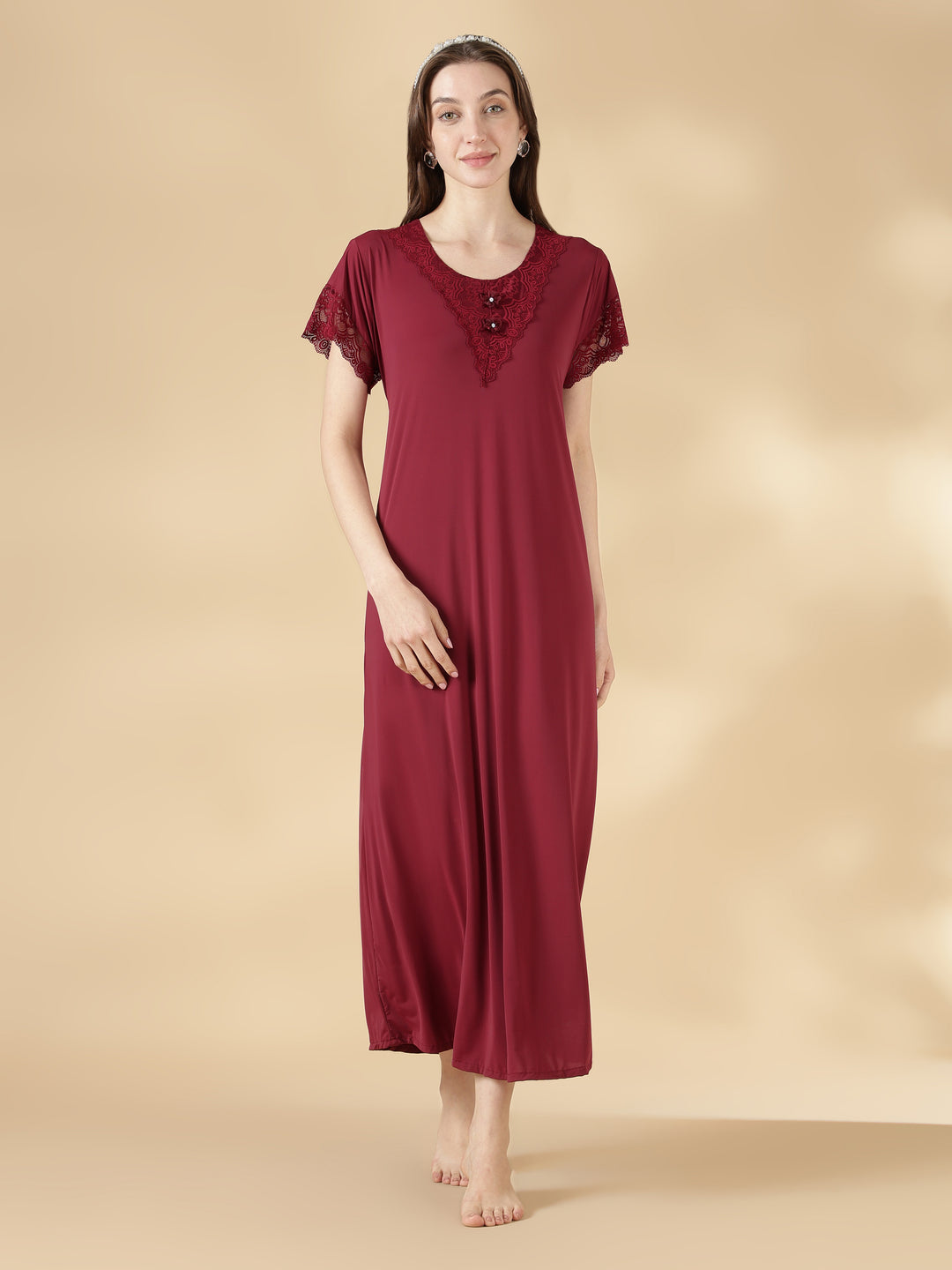 Malai Satin A Line Nighty for Women with Lace Neck Burgundy