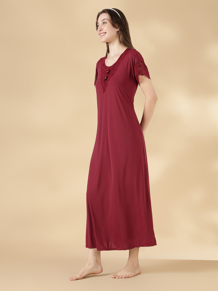 Malai Satin A Line Nighty for Women with Lace Neck Burgundy