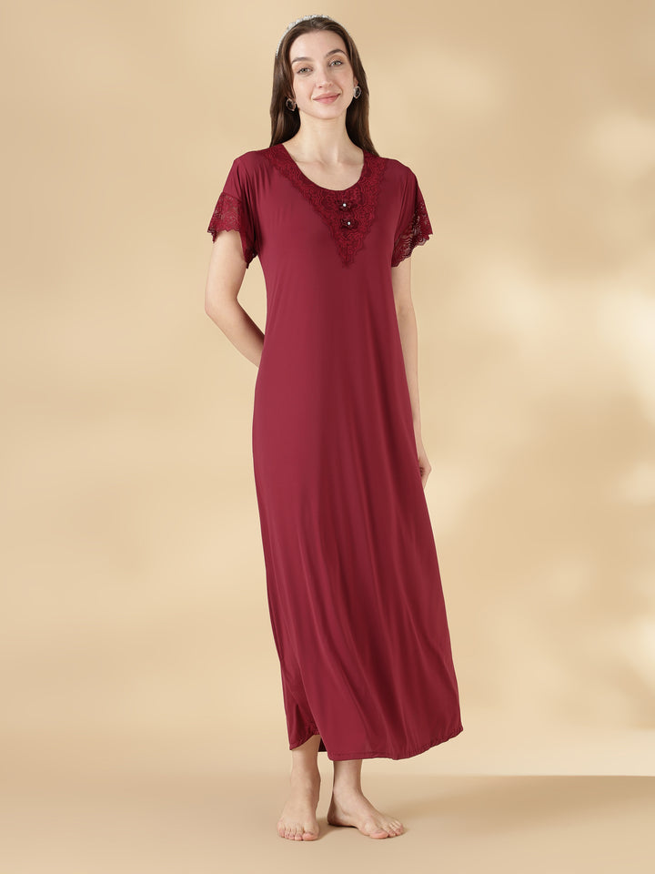 Malai Satin A Line Nighty for Women with Lace Neck Burgundy