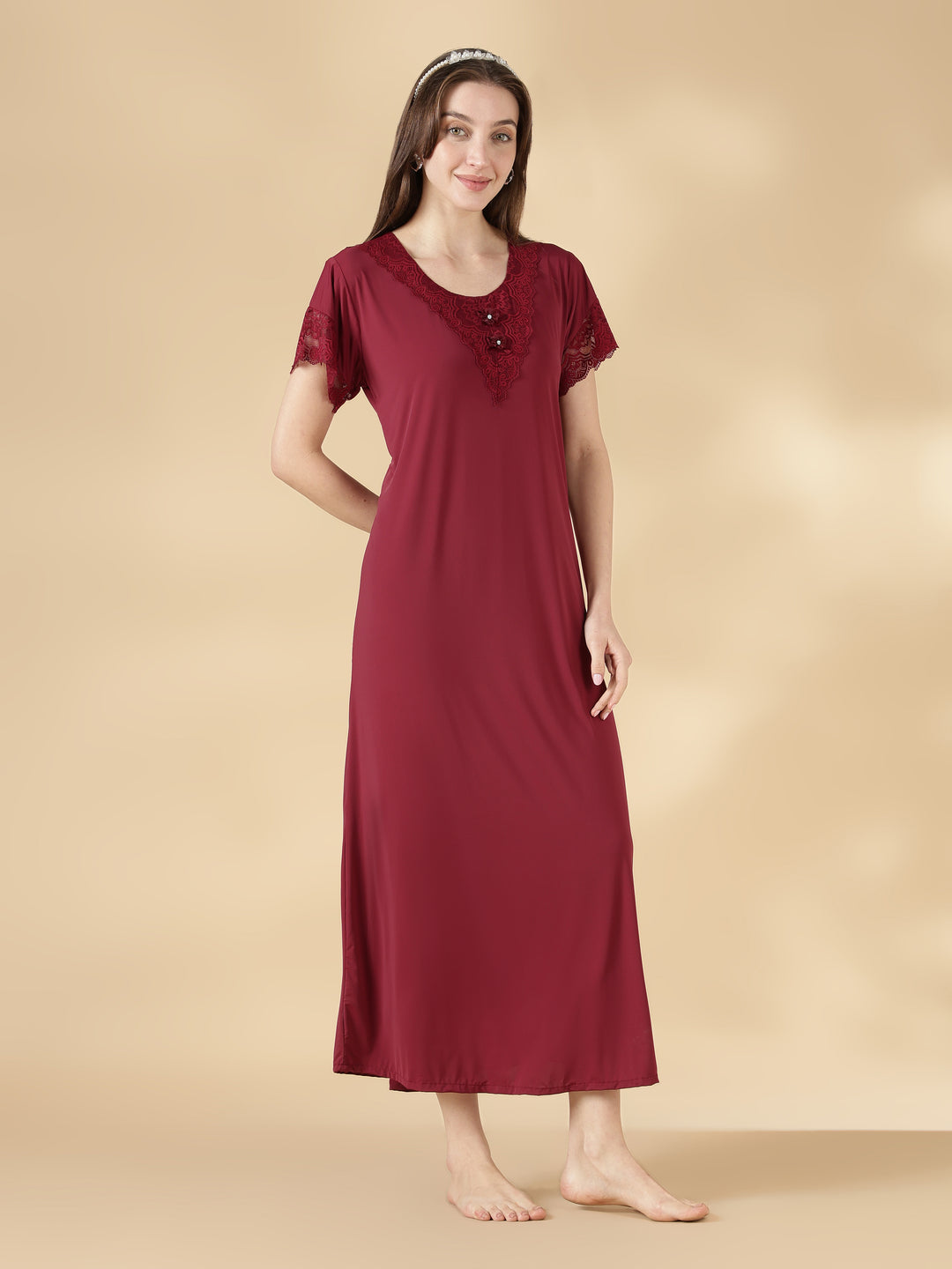Malai Satin A Line Nighty for Women with Lace Neck Burgundy