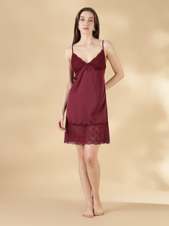 Malai Satin Lace Nighty with Matching Robe in Wine Rose