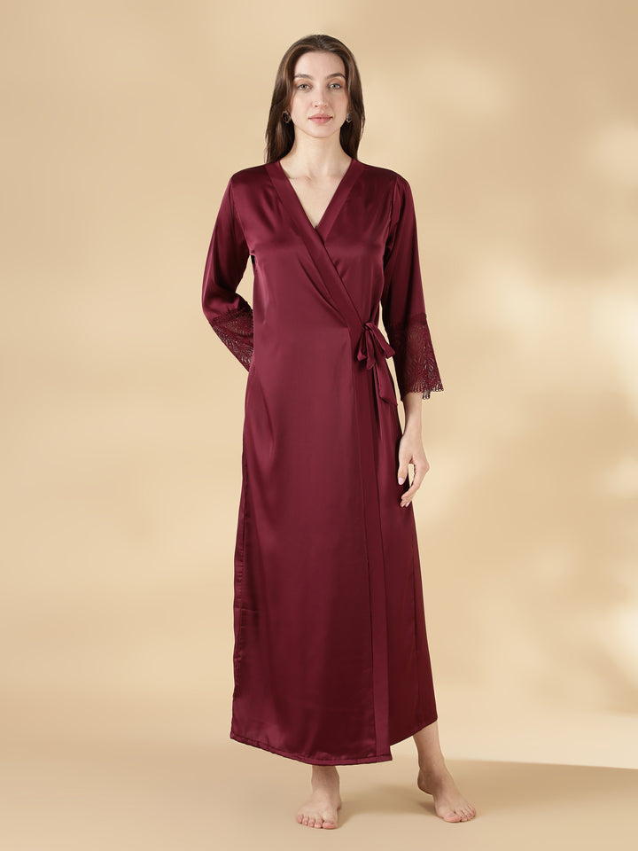 Malai Satin Lace Nighty with Matching Robe in Wine Rose