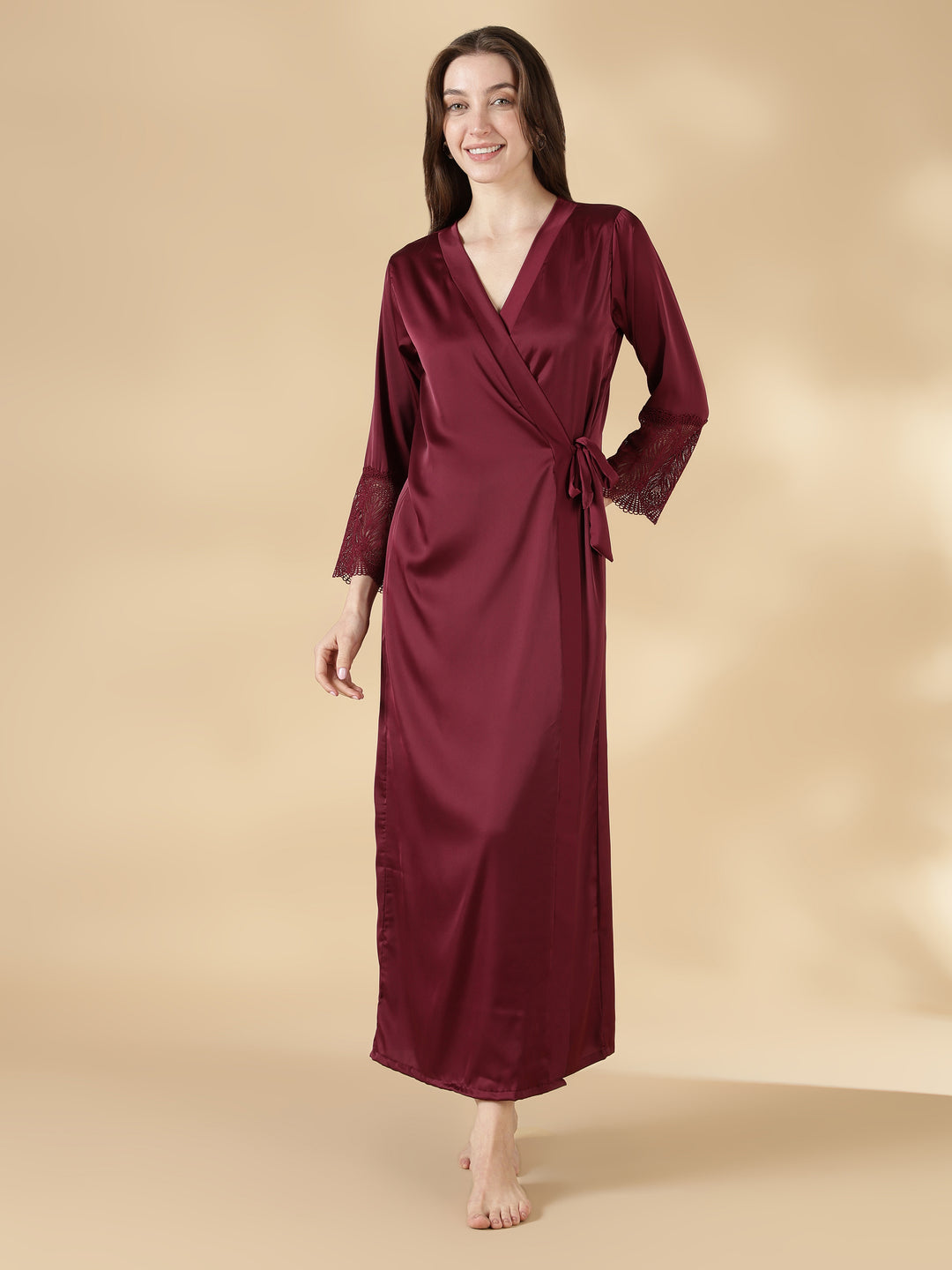 Malai Satin Lace Nighty with Matching Robe in Wine Rose