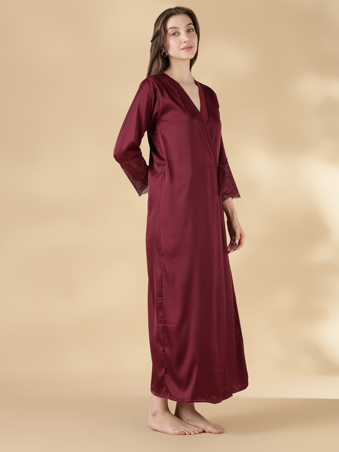 Malai Satin Lace Nighty with Matching Robe in Wine Rose