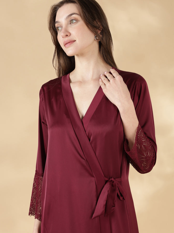 Malai Satin Lace Nighty with Matching Robe in Wine Rose