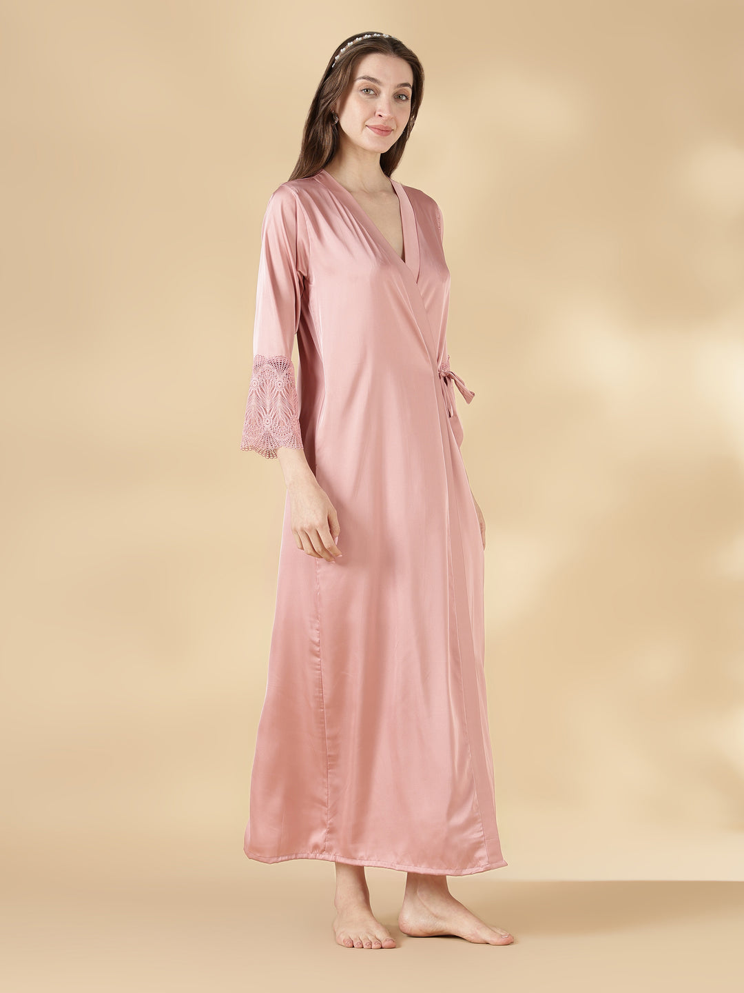 Malai Satin Lace Nighty with Matching Robe in Luxe Black