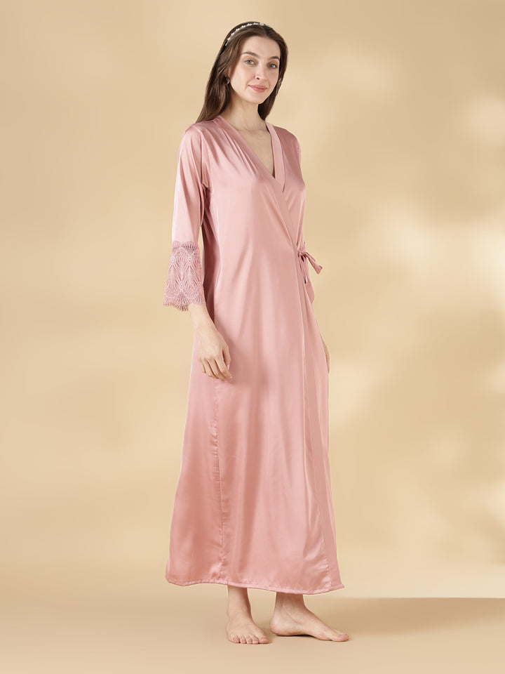 Malai Satin Lace Nighty with Matching Robe in Luxe Black
