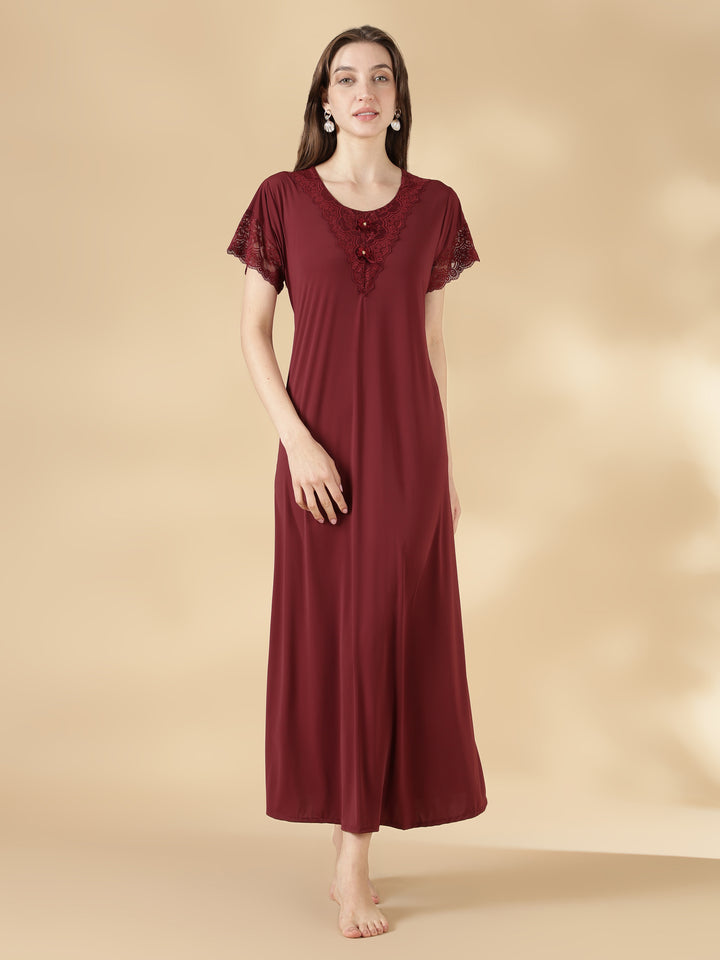 Malai Satin A Line Nighty for Women with Lace Neck Cocoa