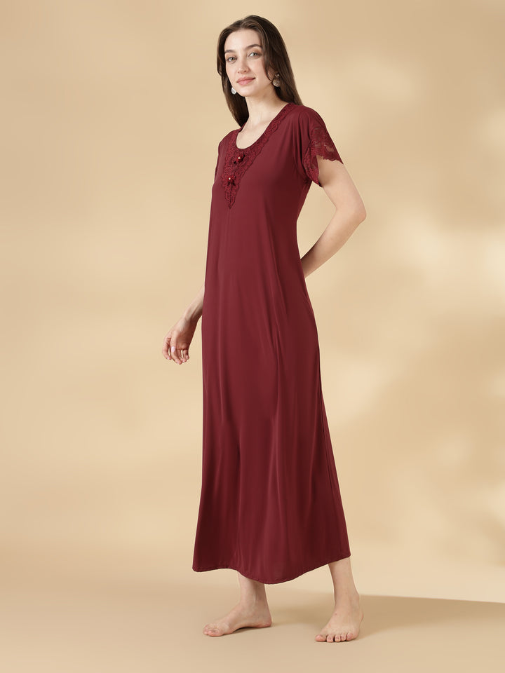 Malai Satin A Line Nighty for Women with Lace Neck Cocoa