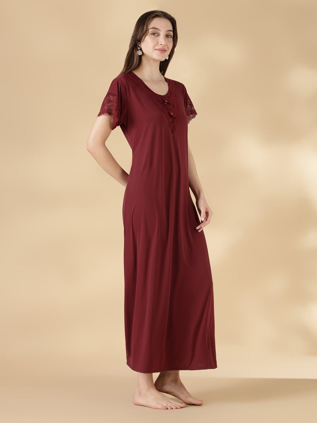 Malai Satin A Line Nighty for Women with Lace Neck Cocoa