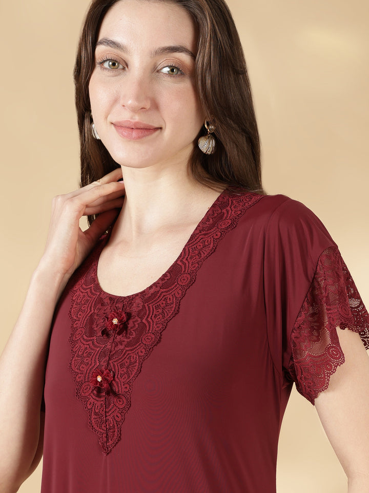 Malai Satin A Line Nighty for Women with Lace Neck Cocoa