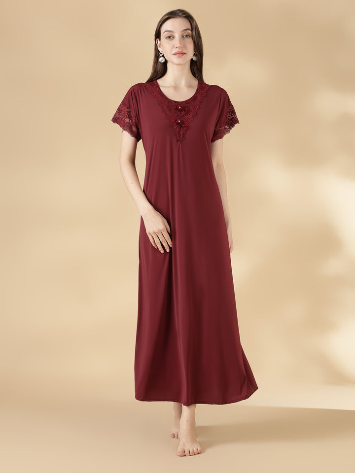 Malai Satin A Line Nighty for Women with Lace Neck Cocoa