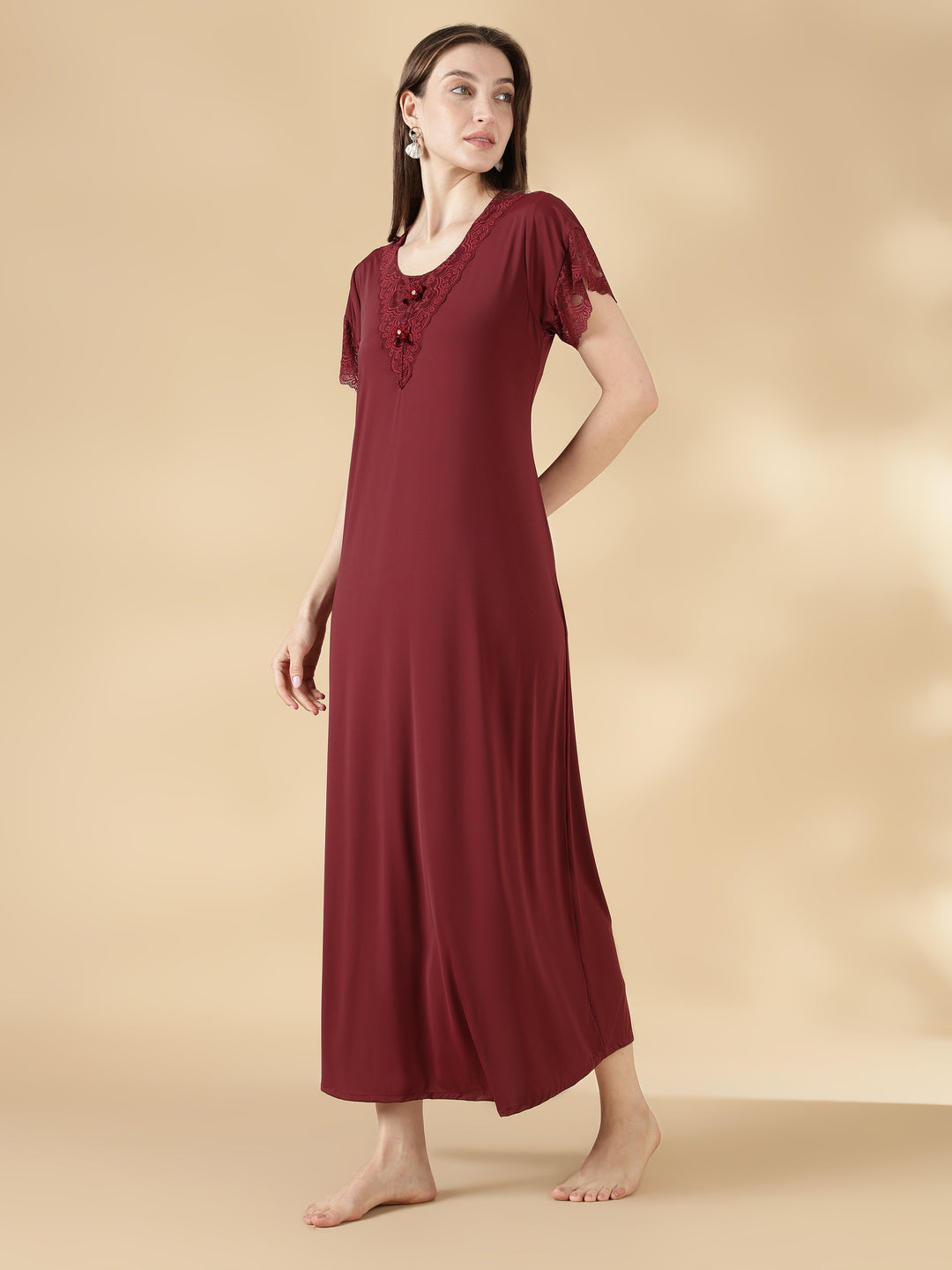Malai Satin A Line Nighty for Women with Lace Neck Cocoa