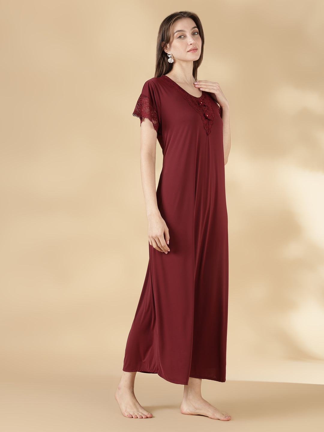 Malai Satin A Line Nighty for Women with Lace Neck Cocoa