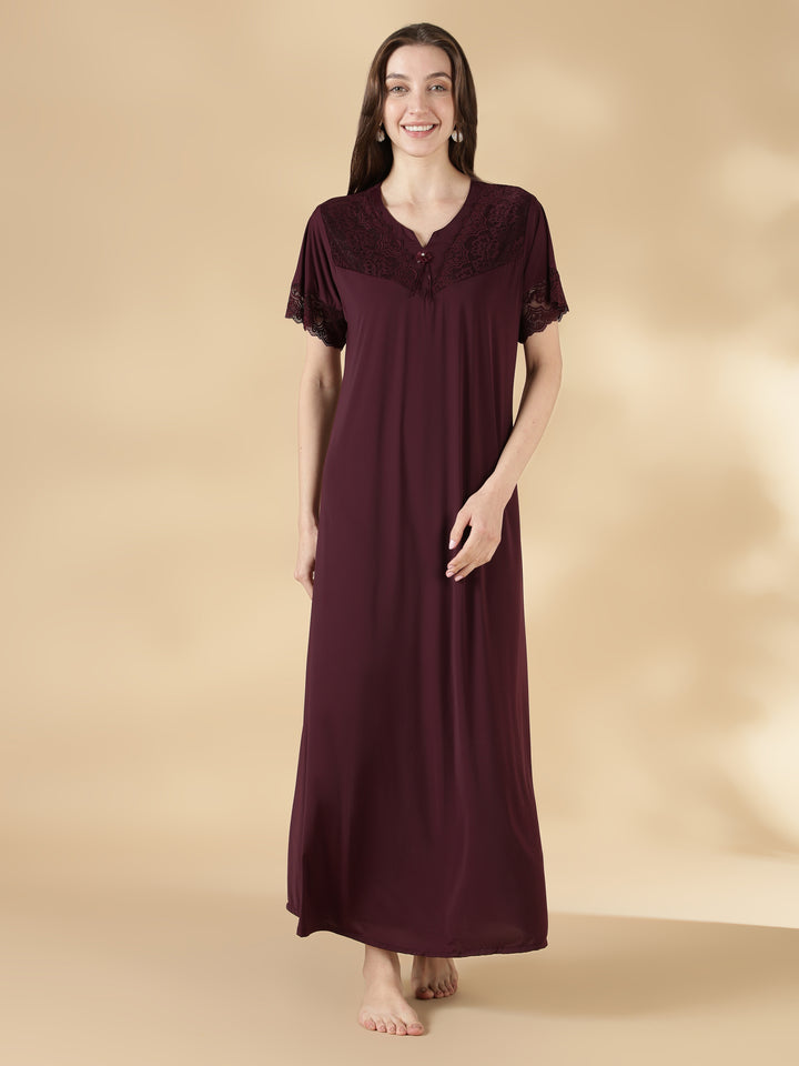 Malai Satin Solid Nighty for Women A Line Fit with Lace Neck