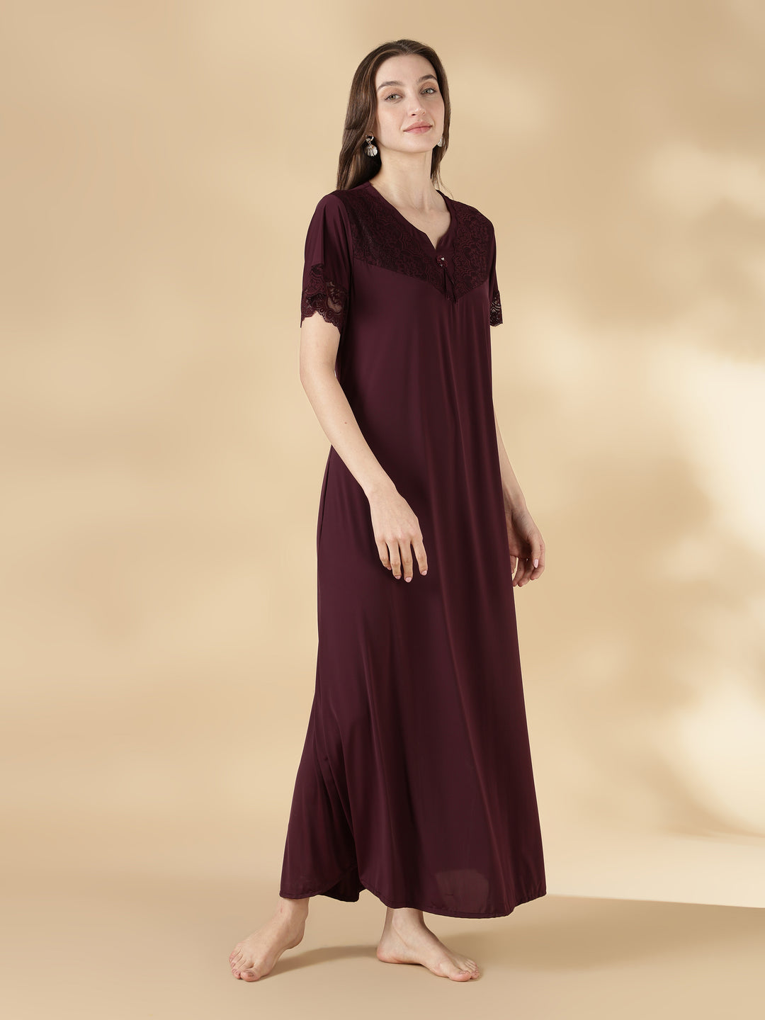 Malai Satin Solid Nighty for Women A Line Fit with Lace Neck