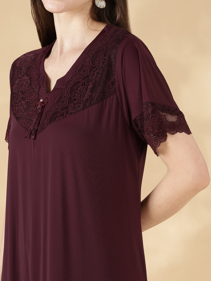 Malai Satin Solid Nighty for Women A Line Fit with Lace Neck