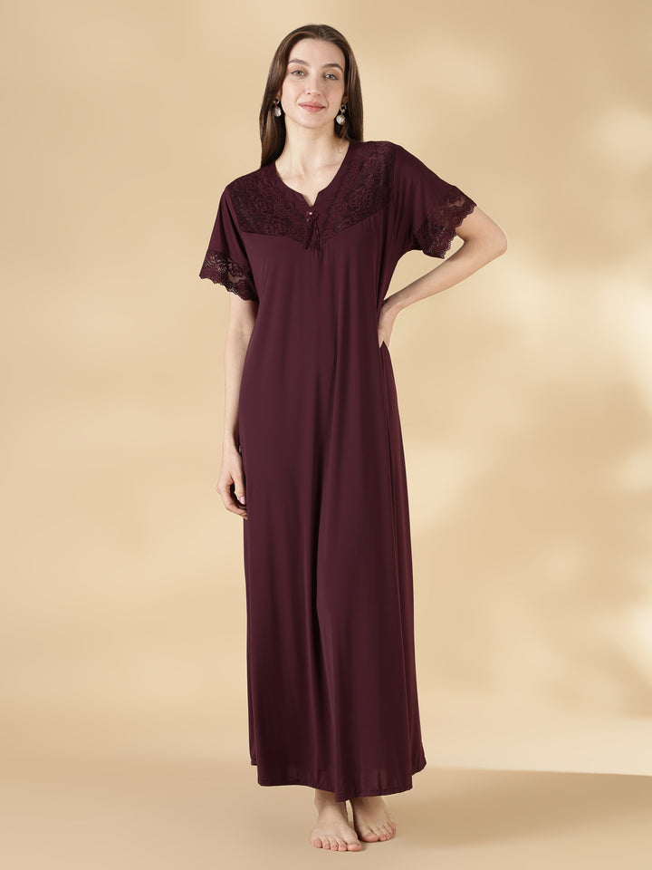 Malai Satin Solid Nighty for Women A Line Fit with Lace Neck