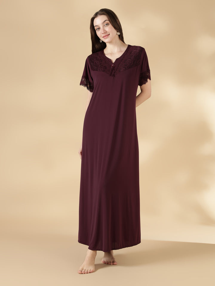 Malai Satin Solid Nighty for Women A Line Fit with Lace Neck