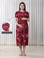 Red Heart Print Hosiery Cotton Maternity Nighty with Feeding Flap
