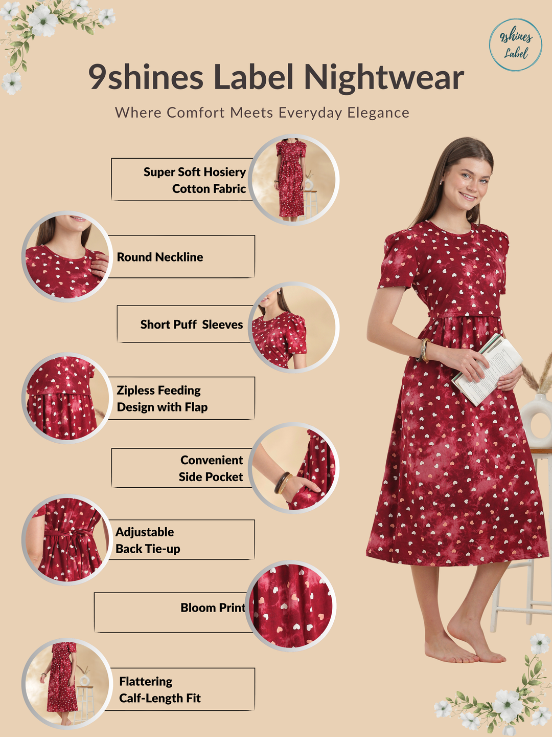 Red heart print maternity nighty dress for women online