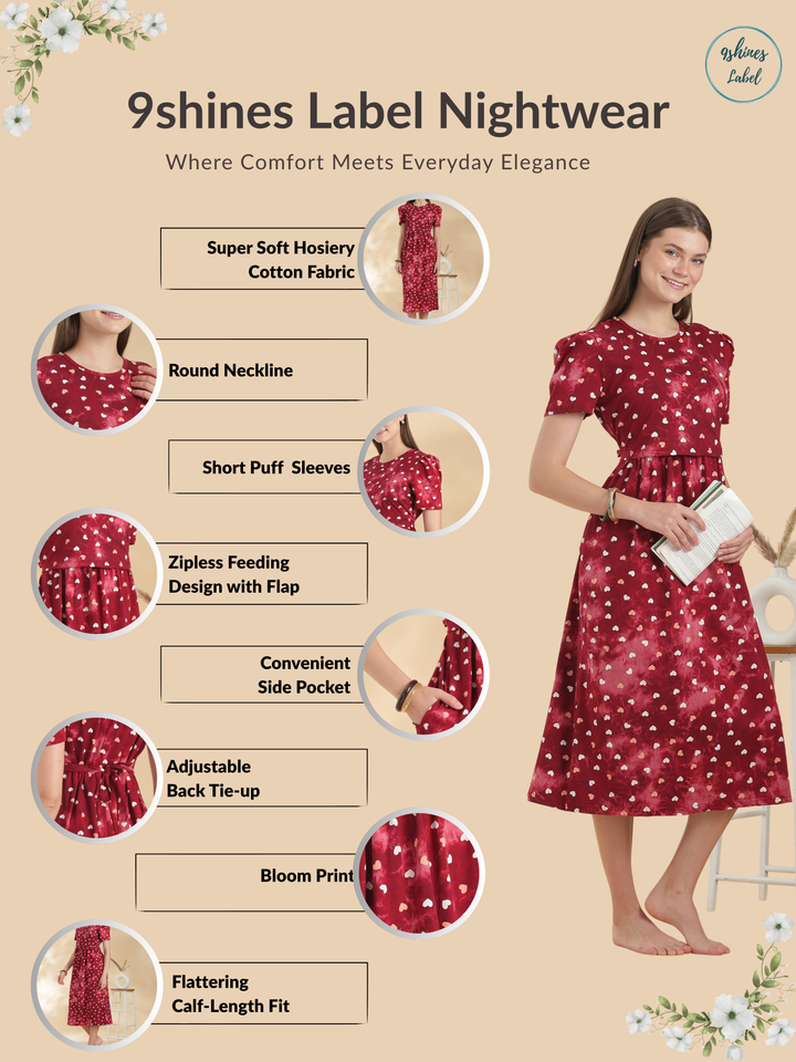 Red heart print maternity nighty dress for women online