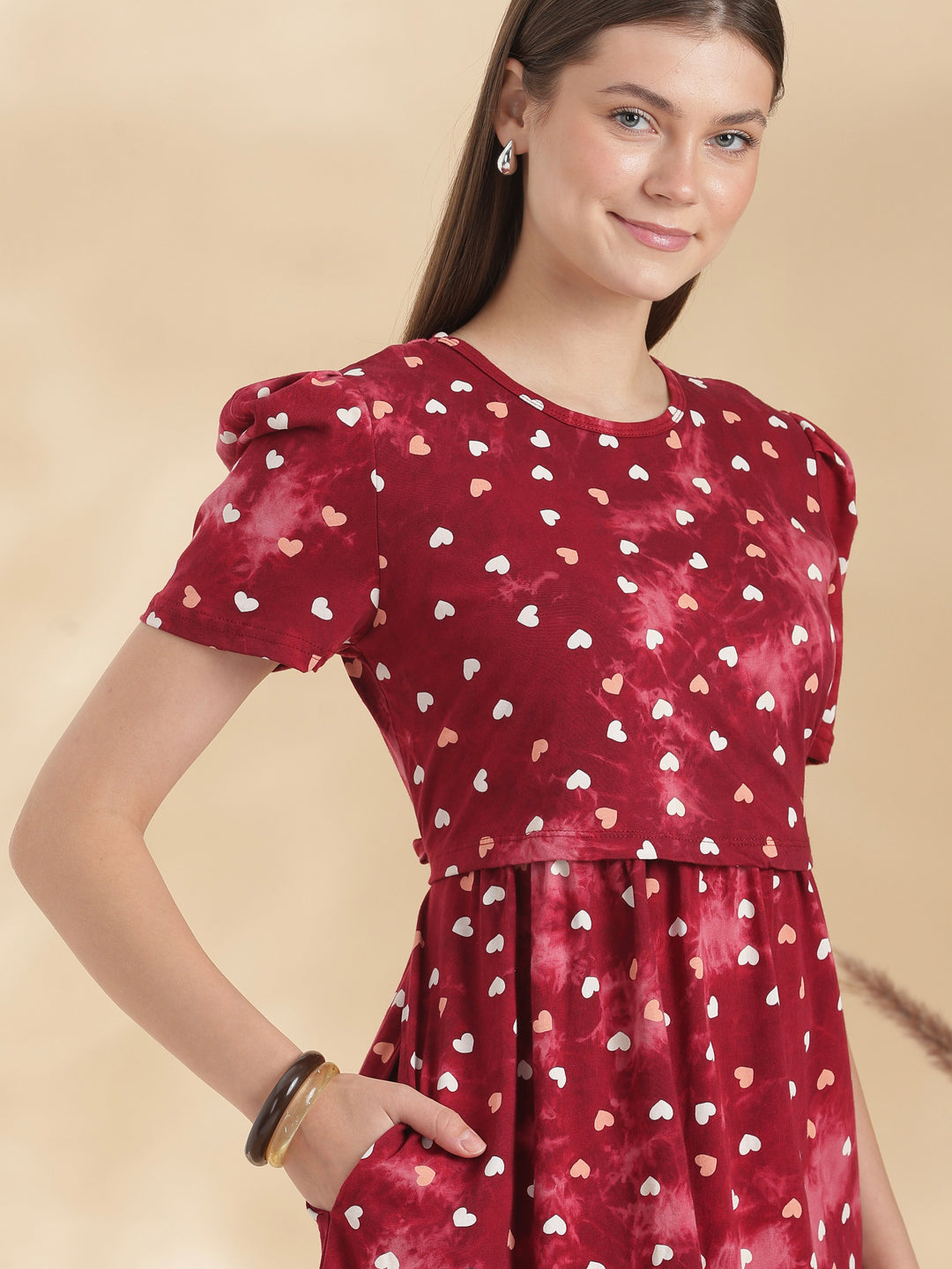 Red heart print maternity nighty dress for women online