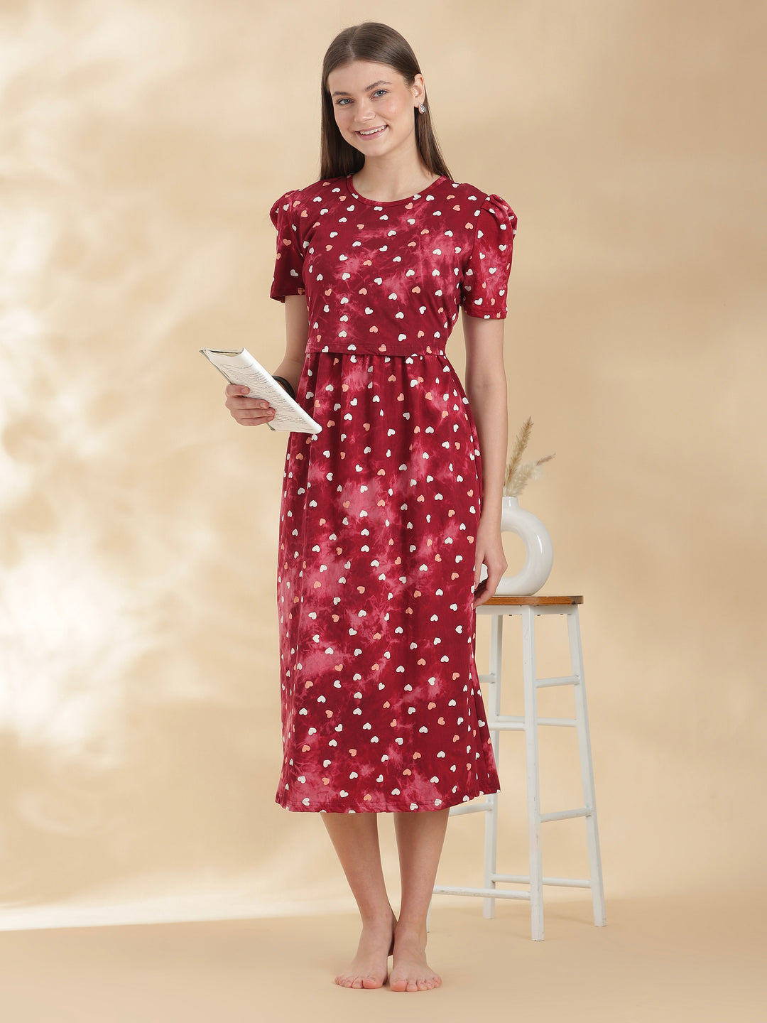 Red heart print maternity nighty dress for women online