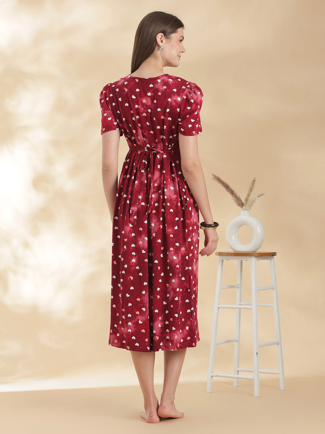 Red heart print maternity nighty dress for women online