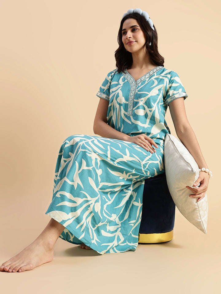 Ocean Tide Leaf Print Premium Qyality Cotton Nighty for Women