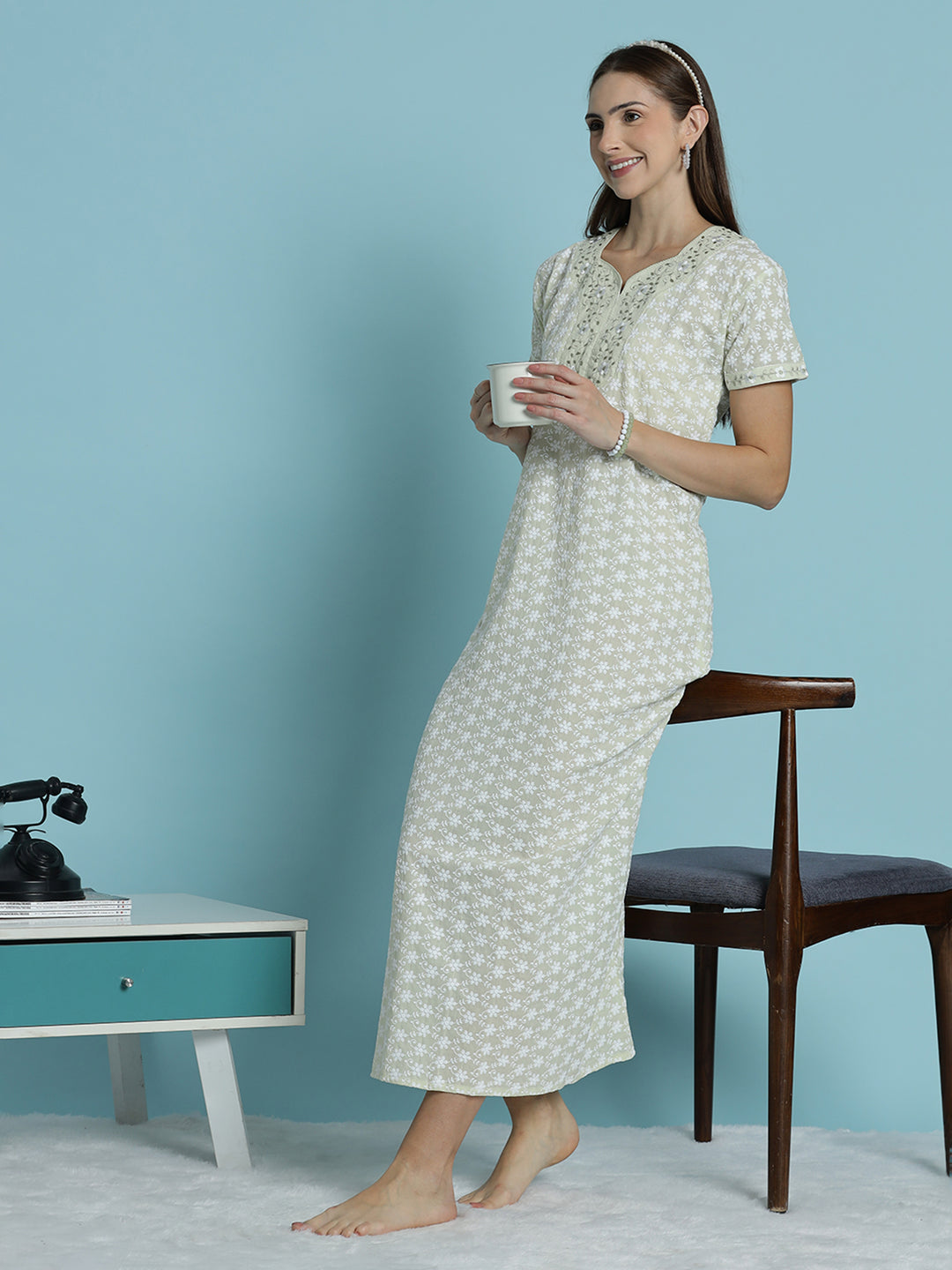 Premium pure cotton off white nighty for women