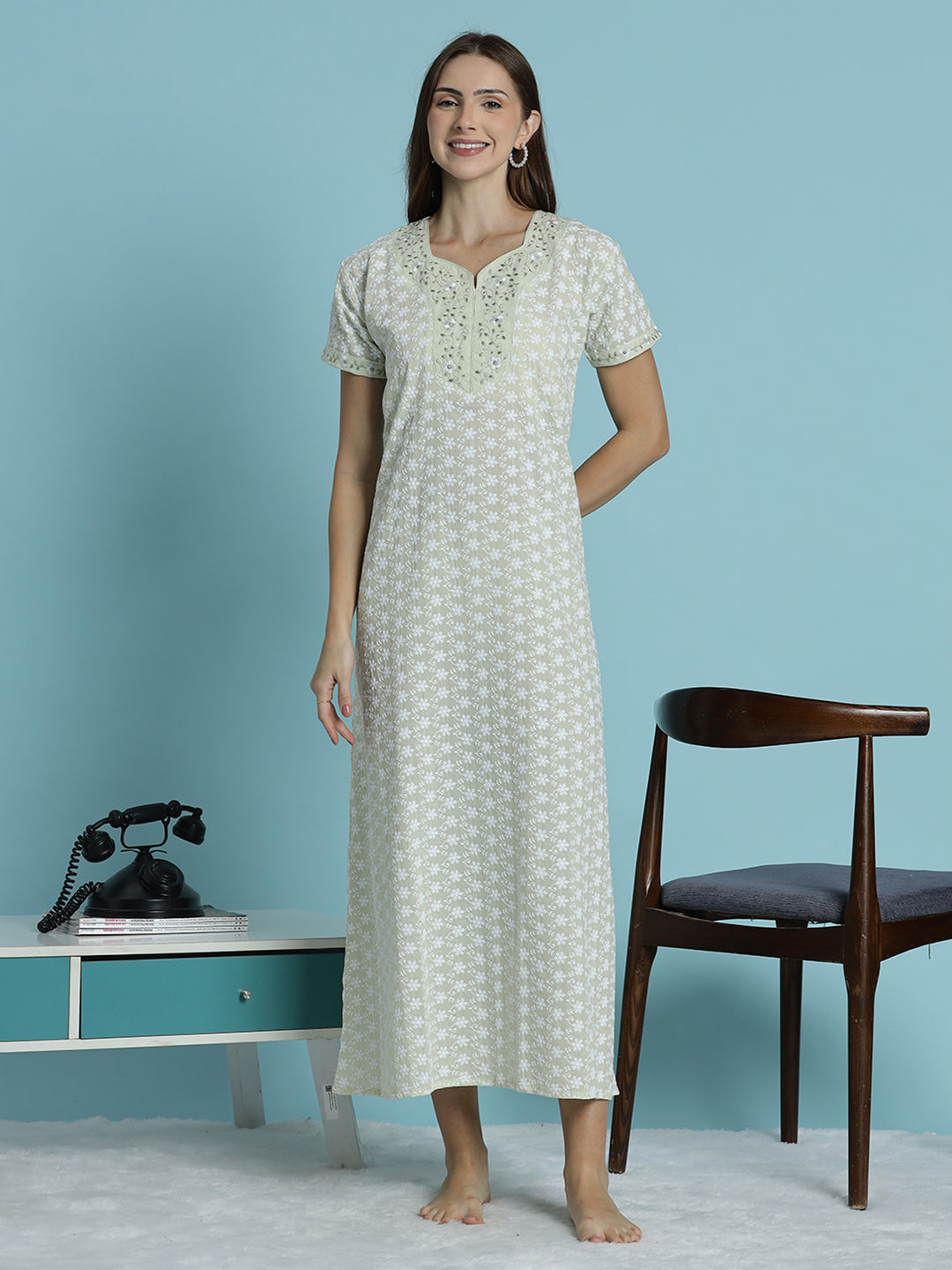 Premium pure cotton off white nighty for women