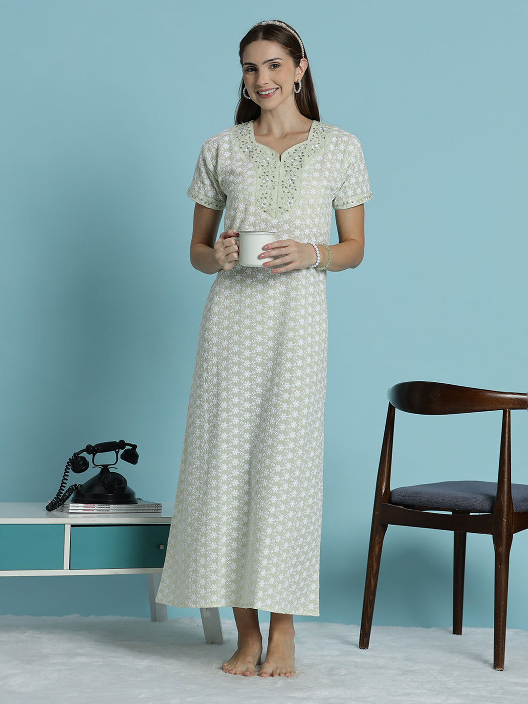 Premium pure cotton off white nighty for women