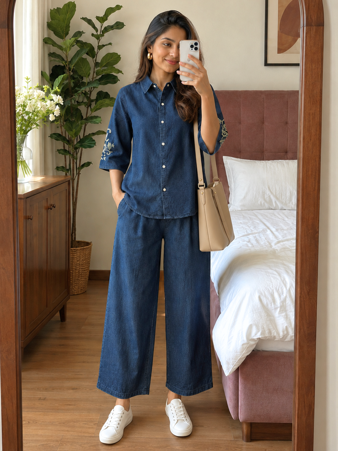 Denim co ord set for women relaxed travel style