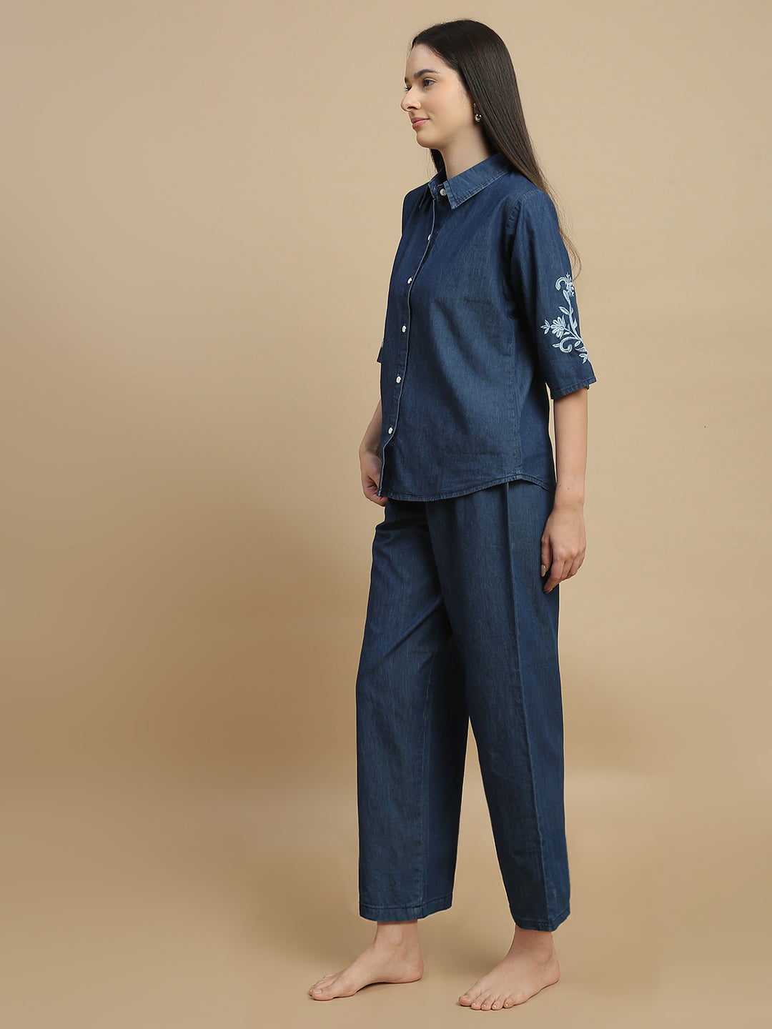 Denim co ord set for women relaxed travel style