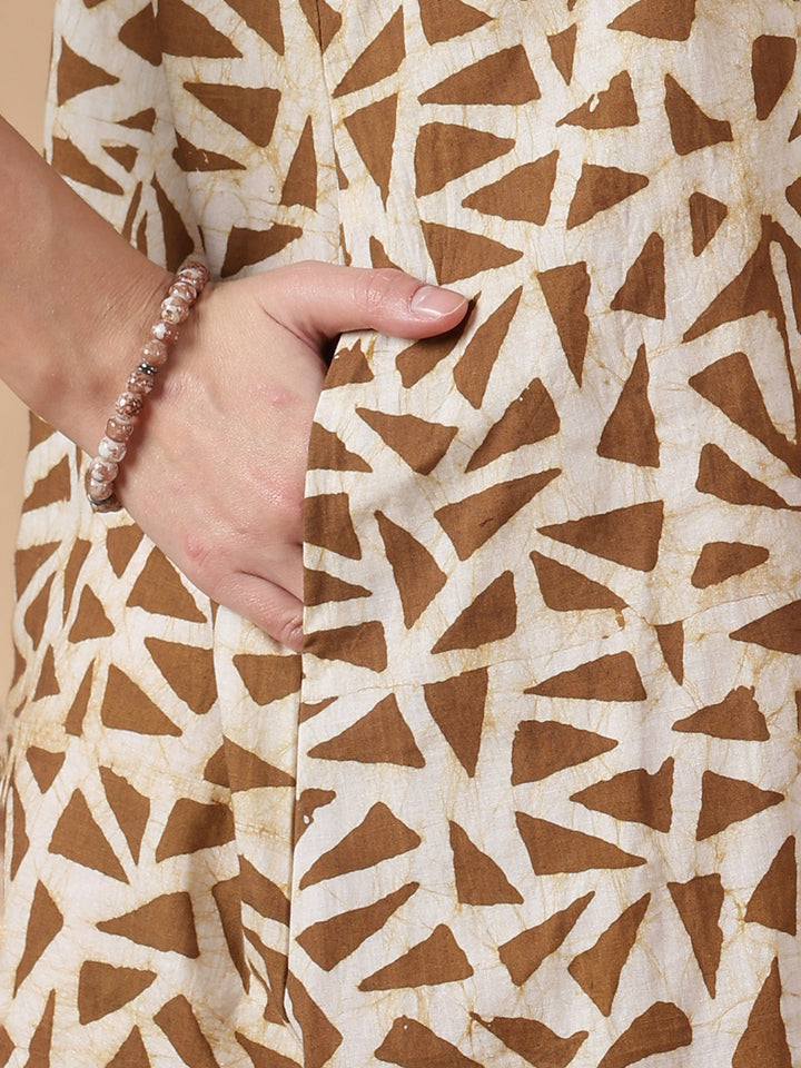 Olive brown pure cotton nighty with batik print